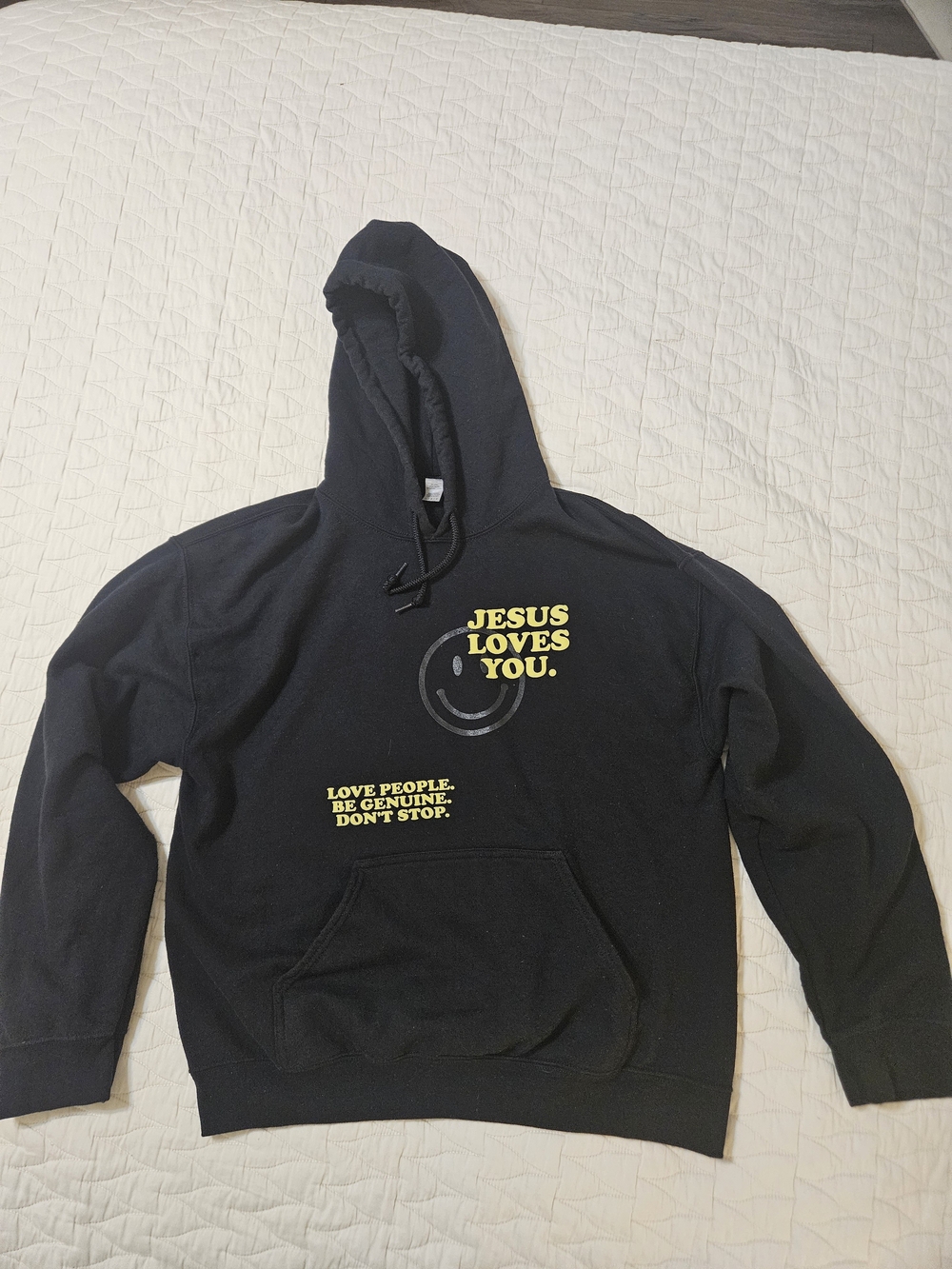 Source Unknown Black Hoodie with Yellow 'Jesus Loves You' Graphic